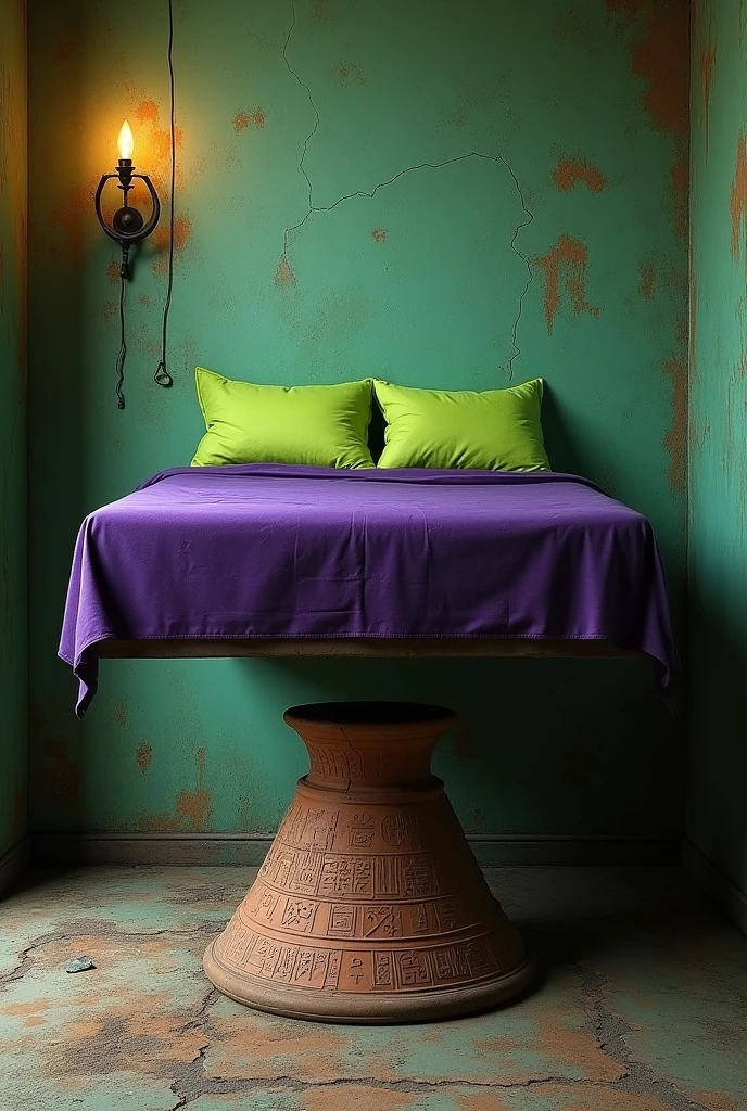Worn cracked moldy Green wall. Purple Triangle floating bed, two lime Green pillows. One double circles wall lamp. One large worn old terracota base, with Egyptian gerogliphics.