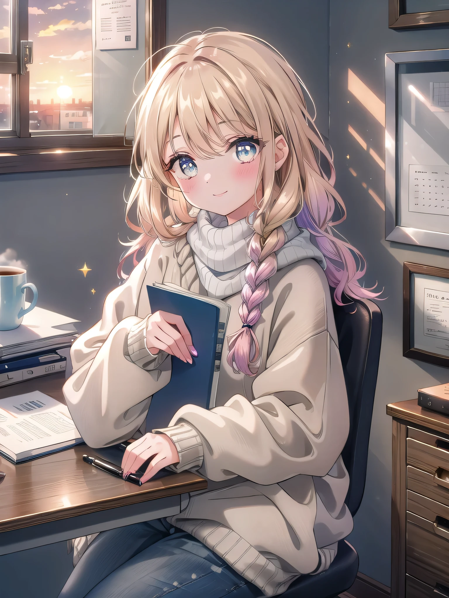((8k, Highest quality, masterpiece: 1.3)),Ultra-high resolution,(1 girl, alone), (Color changing eyes, Ultra-detailed, Expressive brilliance, Glitter, Glowing Eyes), Highly detailed eyes, Highly detailed face, Random Hair, ((pastel colour)) At her desk in a small home office, the woman is reading through printed reports, marking them with a pen. The desk has a laptop, a stack of files, a coffee cup, and a stylish pen holder. The room is decorated with light grey walls, a corkboard filled with reminders, and a window showing a sunset over a quiet neighborhood. She’s wearing a soft beige sweater, comfortable navy blue pants, and slippers. Her hair is in a loose braid over her shoulder, and she glances at the camera with a warm, slightly tired smile, indicating a productive yet long workday.