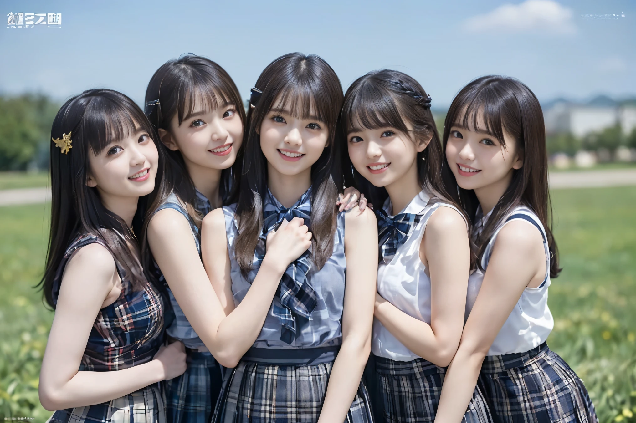 (Highest quality, masterpiece:1.2), Highest quality, Realistic, photograph, High resolution, 1080P, 8k, Physical Rendering, ((height: 155cm、Slim and slender style、medium firm chest)), ((((((Beautiful fashion models featured in Japanese fashion magazines。、Look directly at the viewer)))))), (((big, Very fine, Beautiful dark brown eyes))), ((((Everyone loves me、They are Laughter at me.!)))), Detailed fingers, (((length, Curled bangs))), ((((Very noble and cute eyes, Every detail is carefully drawn)))), ((double eyelid)), (((length eyelashes))), ((cute、Adorable、Adorable、Laughter、Laughter頬)), ((. Her eyes and the white skin of her face are beautifully white.........)), (((((Her face is very expressive、With a noble smile。, Very fun smiling beauty, Very clever smile))))), ((((A striking plain navy large school ribbon bow tie)))), ((((Very beautiful long black hair fluttering in the strong wind、Fluttering Hair)))), (((((((She is wearing a formal long pleated skirt., Blue and navy tartan check, ))))))), ((((The size is a bit small、She is wearing a white sleeveless shirt with a gold emblem)))), ((As elegant as a noble princess)), ((Tight waist((((((Very close))))))、((((((Summer Memories of Three High School Girls)))))、Shortcut Straight Hair