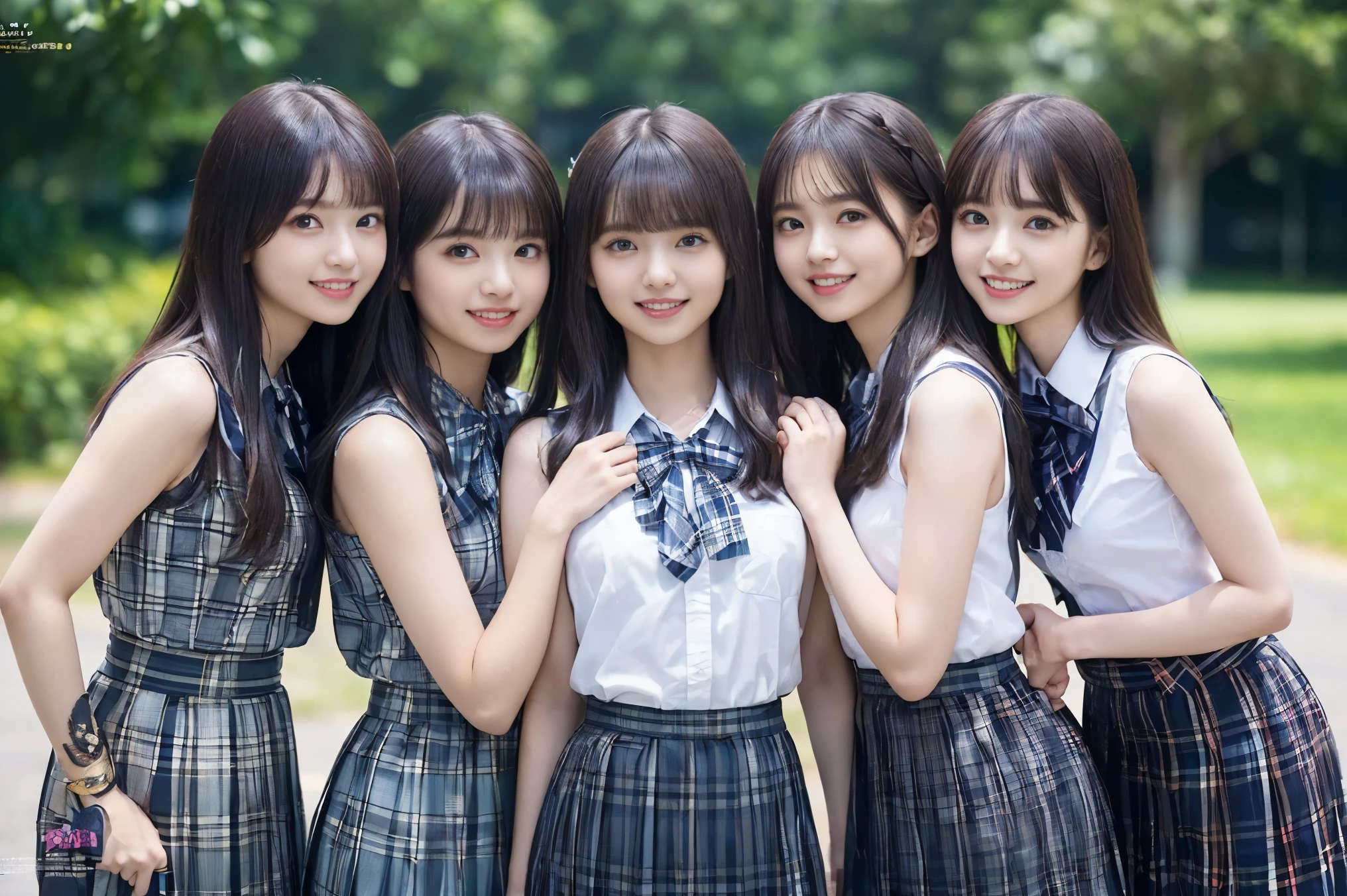 (Highest quality, masterpiece:1.2), Highest quality, Realistic, photograph, High resolution, 1080P, 8k, Physical Rendering, ((height: 155cm、Slim and slender style、medium firm chest)), ((((((Beautiful fashion models featured in Japanese fashion magazines。、Look directly at the viewer)))))), (((big, Very fine, Beautiful dark brown eyes))), ((((Everyone loves me、They are Laughter at me.!)))), Detailed fingers, (((length, Curled bangs))), ((((Very noble and cute eyes, Every detail is carefully drawn)))), ((double eyelid)), (((length eyelashes))), ((cute、Adorable、Adorable、Laughter、Laughter頬)), ((. Her eyes and the white skin of her face are beautifully white.........)), (((((Her face is very expressive、With a noble smile。, Very fun smiling beauty, Very clever smile))))), ((((A striking plain navy large school ribbon bow tie)))), ((((Very beautiful long black hair fluttering in the strong wind、Fluttering Hair)))), (((((((She is wearing a formal long pleated skirt., Blue and navy tartan check, ))))))), ((((The size is a bit small、She is wearing a white sleeveless shirt with a gold emblem)))), ((As elegant as a noble princess)), ((Tight waist((((((Very close))))))、((((((Summer Memories of Three High School Girls)))))、Shortcut Straight Hair