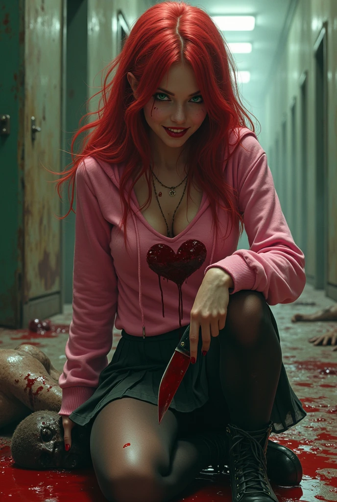 Seductive and Beautiful young woman with a soul of pure evil and hatred. Alluring green eyed, long red haired serial killer wearing a pink tank top with a bloody heart on it, a leather jacket, pleated skirt, tights, and combat boots. Surrounded by blood and bodies.  She cuts the throat of a small child viciously, A bloody knife in her right hand. A sinister smile crosses her glossy red lips.