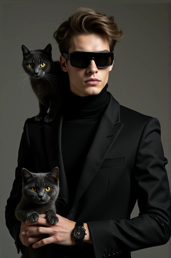 Draw a young man wore formal black dress and black goggle and have jawline on face and black watch and have cat on his hand