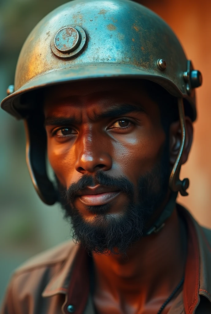 a man in india, 1 man, wearing a helmet upside down, godox lighting, portrait photography, high quality, photorealistic, detailed facial features, detailed eyes, detailed nose, detailed lips, detailed skin texture, dramatic lighting, cinematic atmosphere, dynamic pose, environmental details, vibrant colors, warm color tones, natural lighting, sharp focus, 8k, best quality, masterpiece