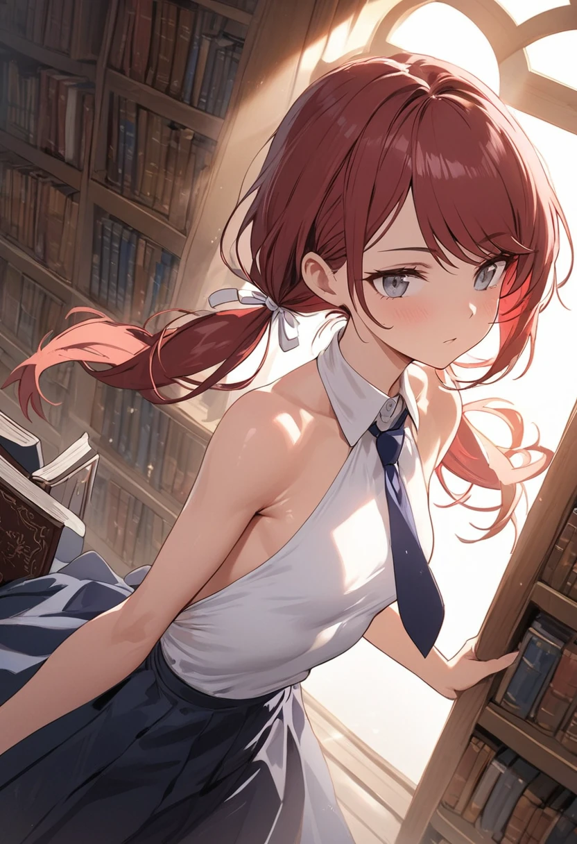 (masterpiece, best quality), 1girl, stoic, looking to the side, beautiful face, Gray eyes, Dark red hair, swept bangs, low twin tails, white ribbons, sleeveless halter neck backless white collared shirt, dark blue necktie, dark blue skirt, small breasts, toned arms, holding book, library, window, fluttering curtain, sunrise, sun rays,