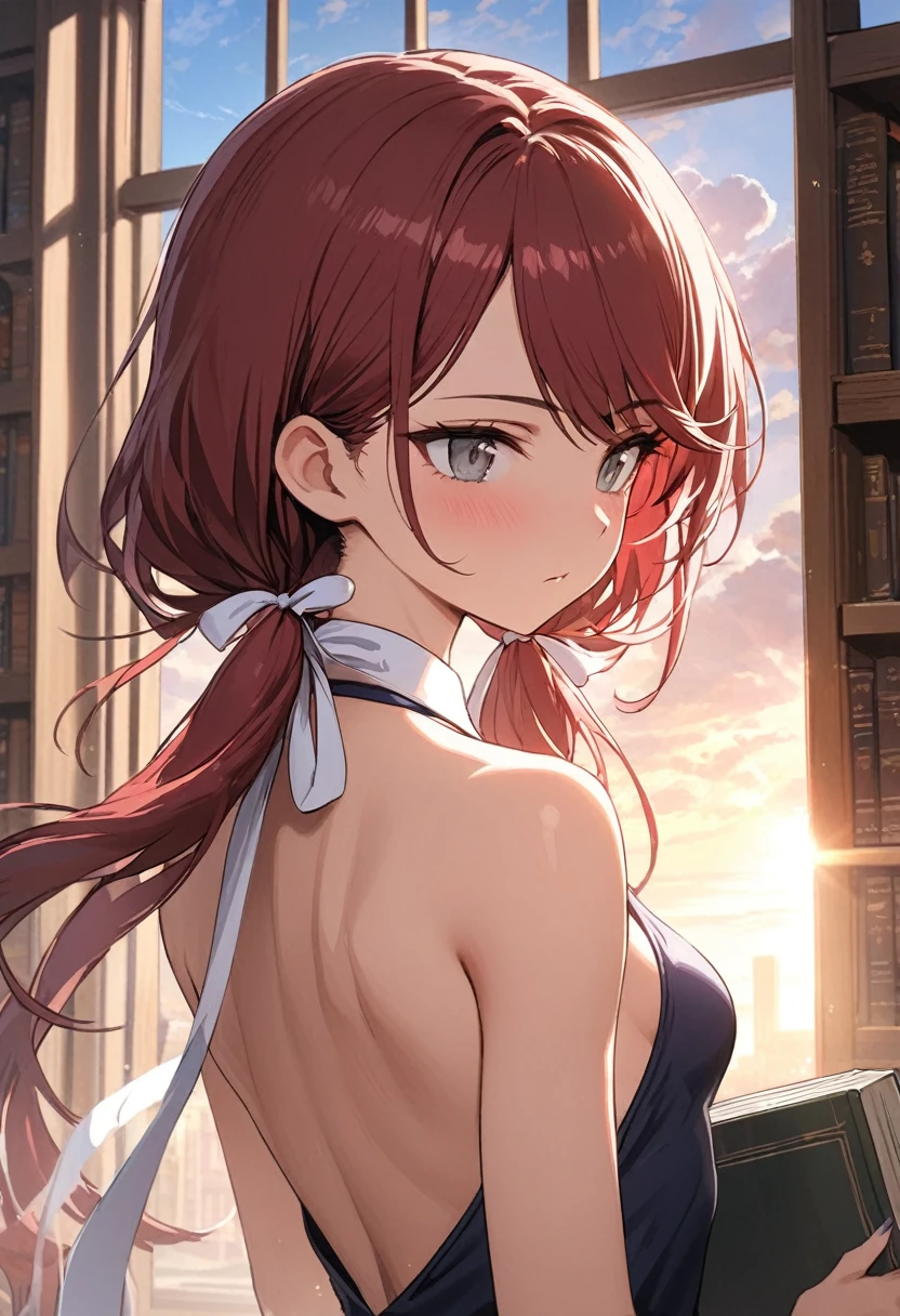 (masterpiece, best quality), 1girl, stoic, looking to the side, beautiful face, Gray eyes, Dark red hair, swept bangs, low twin tails, white ribbons, sleeveless halter neck backless white collared shirt, dark blue necktie, dark blue skirt, small breasts, toned arms, holding book, library, window, fluttering curtain, sunrise, sun rays,