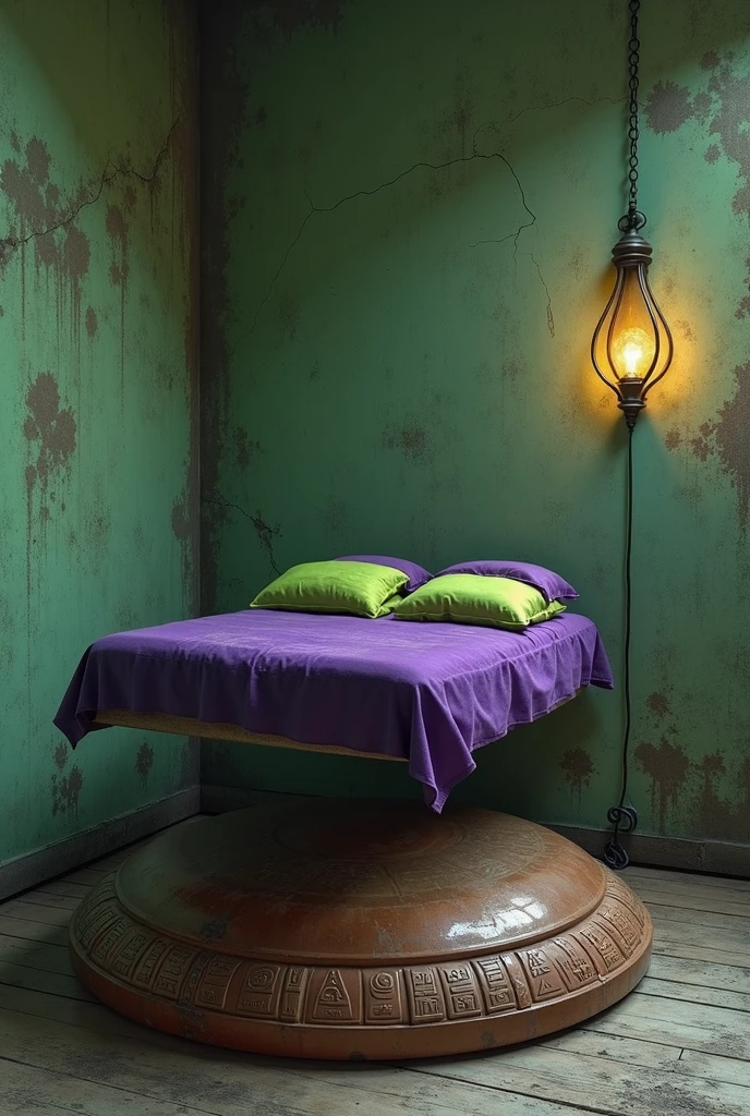 Worn cracked moldy Green wall. Purple Triangle floating bed, two lime Green pillows. One double circles wall lamp. One large worn old terracota base, with Egyptian gerogliphics.