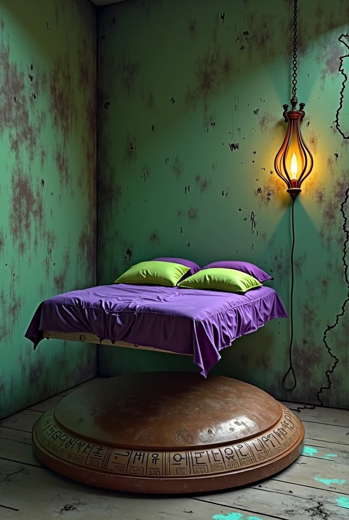 Worn cracked moldy Green wall. Purple Triangle floating bed,  two lime Green pillows. One double circles wall lamp. One large worn old terracota base, with Egyptian gerogliphics.