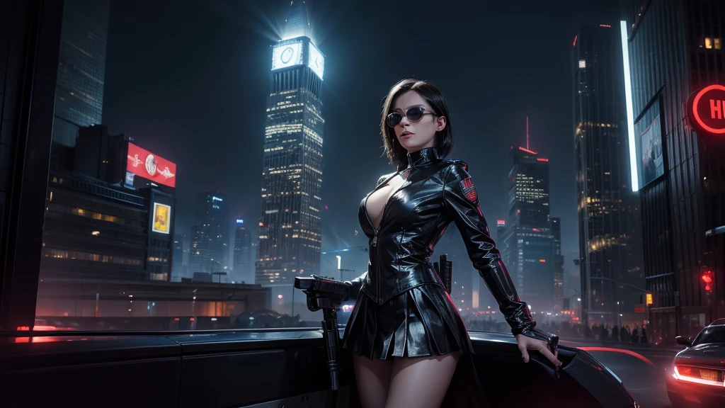 (Wide angle view). Back to year 1937, Matrix film inspired New York city, simple outlined neon tall buildings, glowing giant clock tower, year 1937 cars, lightning, 3D rendering Beeple, Matrix-like glowing cascading code. At night, (1 futuristic female soldier, solo, alone), photorealistic, medium-breast slim:0.6 body, oval:0.5 face, cleavage:1.1, sexy costume with deep-v, very low angle view of pleated miniskirt, white laced panty, ((upskirt)), glove, (Matrix style black micro sunglasses), ((aiming viewer with a short gun)), (half-body thigh level close-up shot), cinematic lighting, ray tracing.