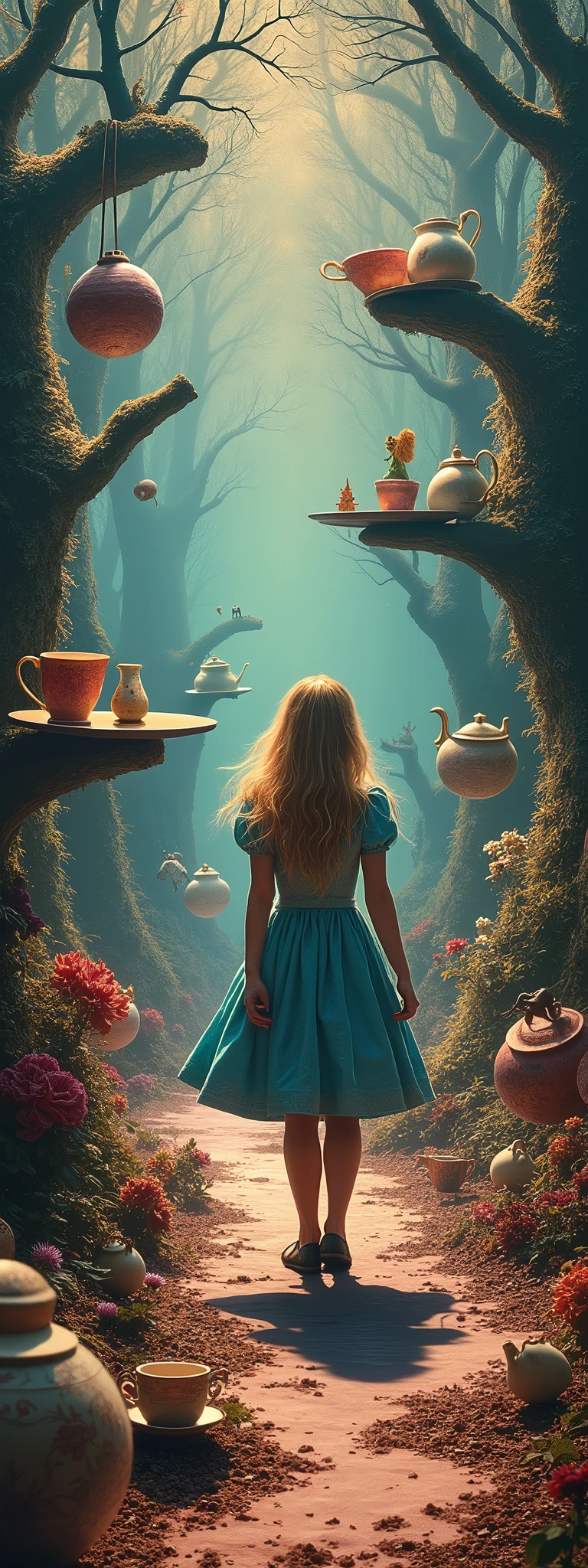 In the middle of the image is Alice\(Alice in Wonderland,, wondering\), in the world everything is wrong, A Mad Tea-Party, wrong perspective, wrong distance, very out of balance, psychedelic world, time interval is wrong, up-down relationship wrong,The direction of gravity is not correct, the relationship between light and shade is wrong, the shadow of Alice is in a different pose, work by Salvator Dali, collage of realistic photographs, planar expression, many strange creatures,Very flat world,Surrealism, Trompe l'oeil,Apply a squishy distorted filter as a finishing touch