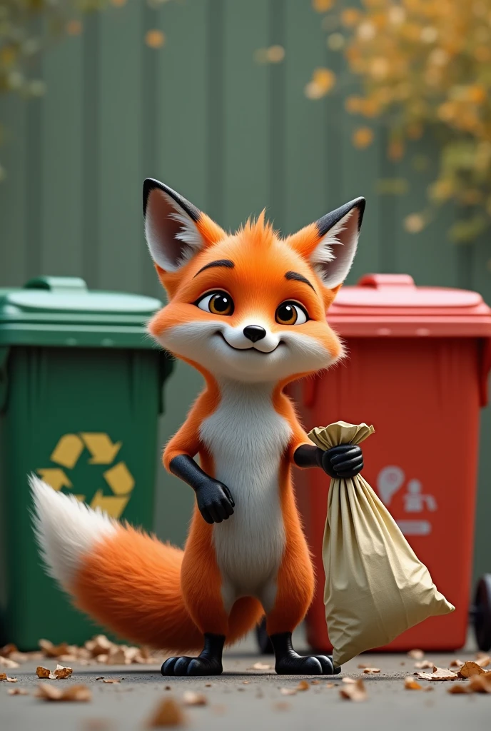 Fox throws trash, background has 3 sorting trash cans diffirent color  . And fox have a bag trash in hand