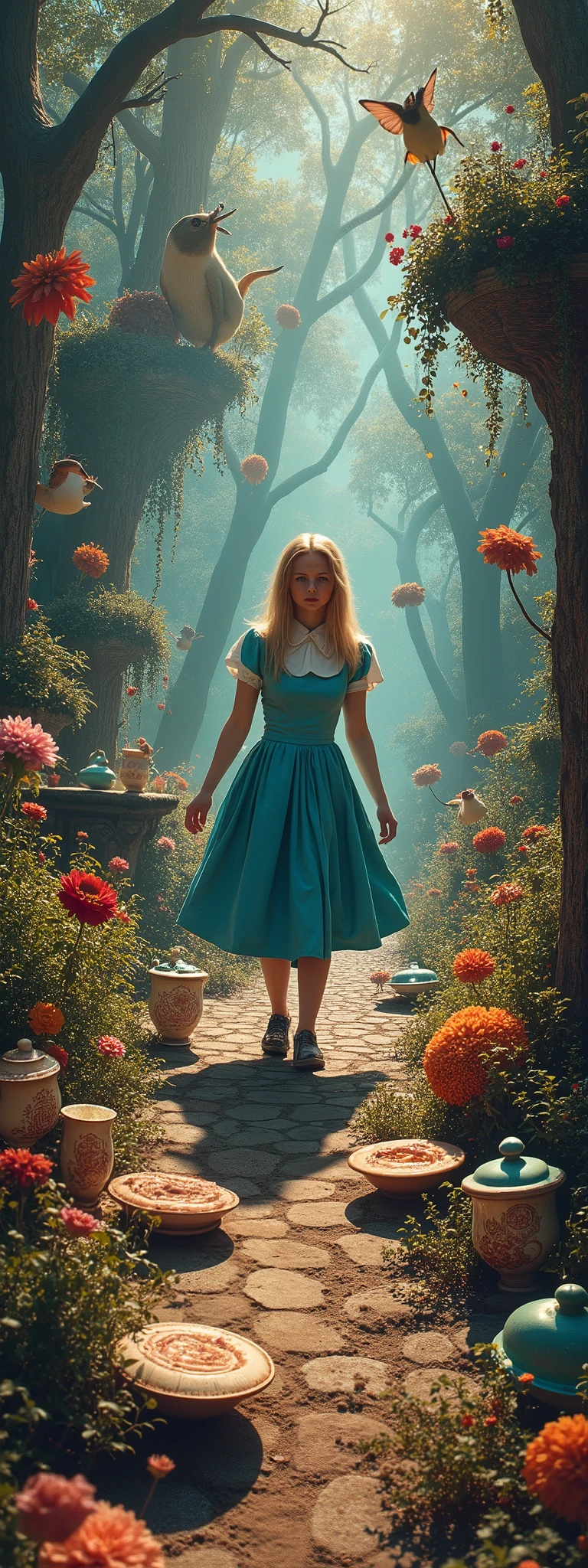 In the middle of the image is Alice\(Alice in Wonderland,, wondering\), in the world everything is wrong, A Mad Tea-Party, wrong perspective, wrong distance, very out of balance, psychedelic world, time interval is wrong, up-down relationship wrong,The direction of gravity is not correct, the relationship between light and shade is wrong, the shadow of Alice is in a different pose, work by Salvator Dali, collage of realistic photographs, planar expression, many strange creatures,Very flat world,Surrealism, Trompe l'oeil,Apply a squishy distorted filter as a finishing touch
