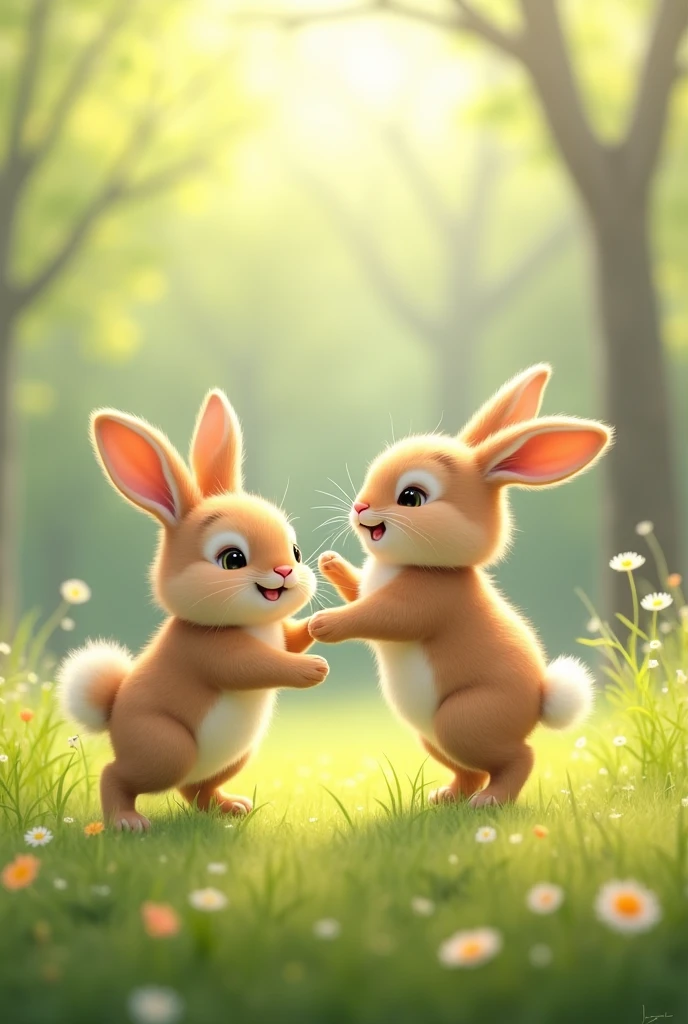 A cute little bunny jumping over another bunny