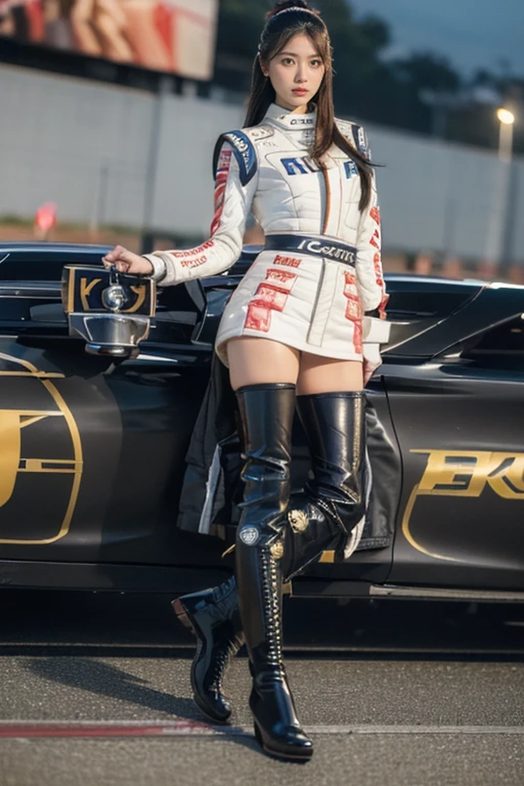 (8k, best quality, masterpiece, Body of the best proportion, super detailed:1.5), (A Japanese race queen, tall, glamor, sexually flattering clothing, boots, Posing as a fashion model:1.4), (racing circuit:1.8), huge breasts