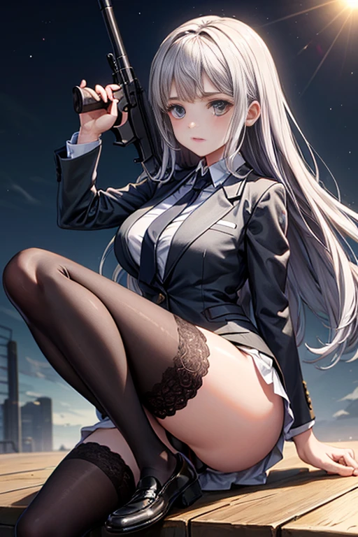 Highest quality、Ultra HD、One Woman、(Silver long hair 1.3)、(Green blazer 1.3)、(White tight mini skirt 1.3)、(Black tie)、(Black loafers 1.1)、((Shooting a gun 1.2))、(Large Breasts)、(Thighs)、(Black knee-highs 1.2)、(Beautiful face with sharp eyes 1.2)、40-year-old woman、Slender body、(Evening school background 1.2)、((Clear and beautiful touch))