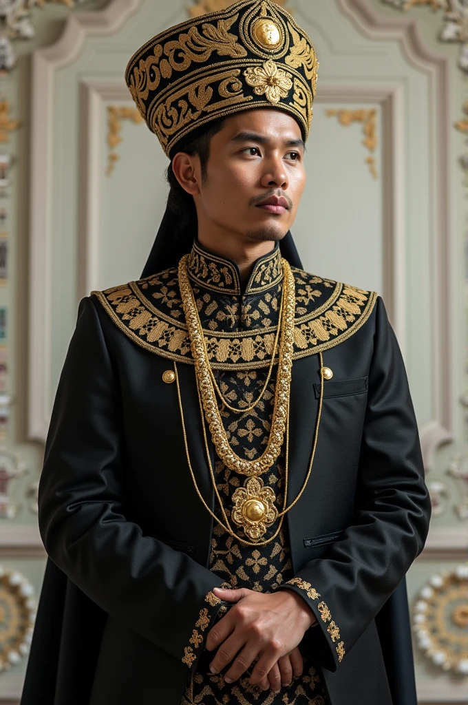 1man, solo, portrait of adatjawapria man wear blankon and black wedding dress, ornate, detail His whole body. 