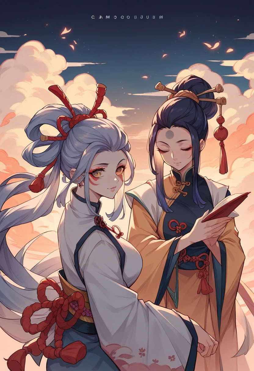 High quality illustrations,2 women, Group illustration,Cool, The Detailed Art of the Onmyoji, beautiful painting style, Chinese clothing,The Style, masterpiece, Top Quality, Highest quality, Ultra-high resolution