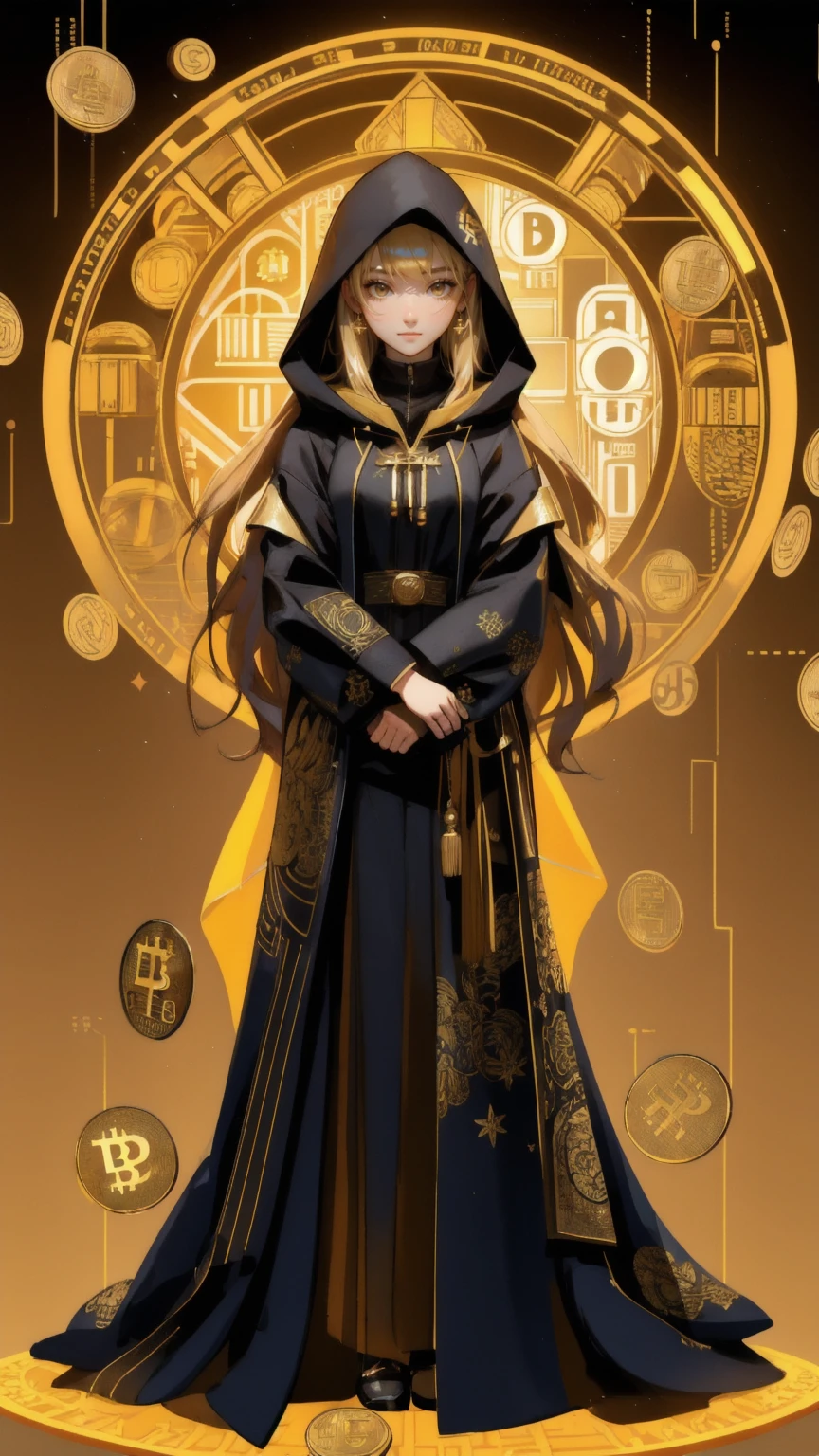 A striking, confident girl with long hair in a hooded robe, her face illuminated by the soft glow emanating from an old, intricate box labeled with a Bitcoin symbol — 'Satoshi's Lost Wallet.' Surrounded by floating Bitcoins and digital codes, she stands on a bed of golden coins, all against a rich yellow background filled with blockchain motifs and cryptographic patterns, capturing the mystery and allure of a legendary crypto treasure.
