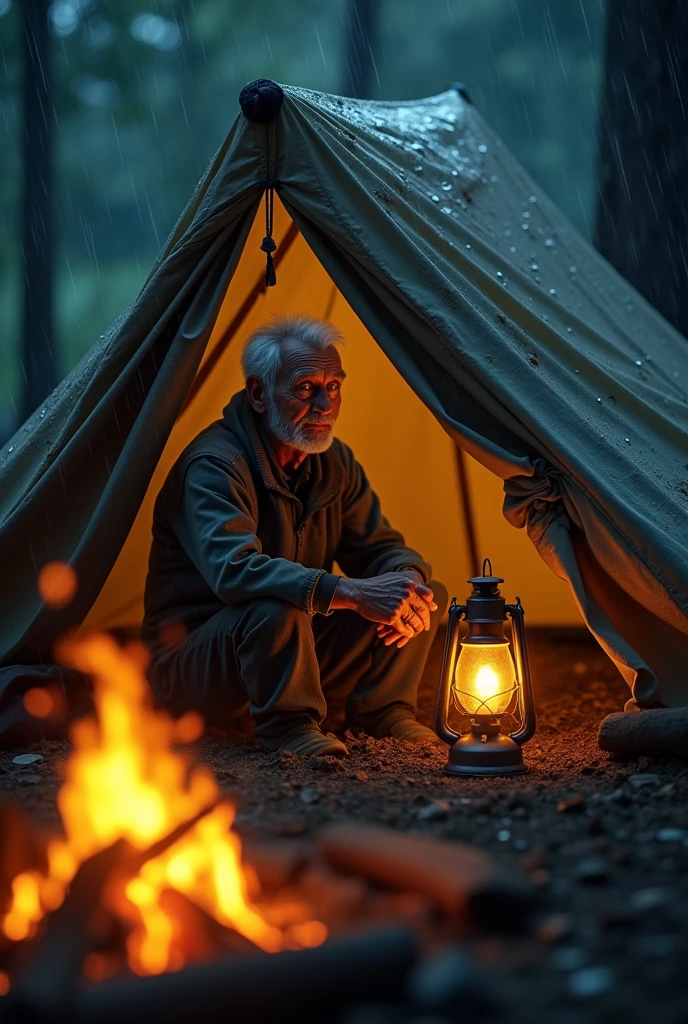 Photo of A old man is sitting in a tent,a lamp is lighten in a tent, and it is raining.
a campfire Infront the tent,