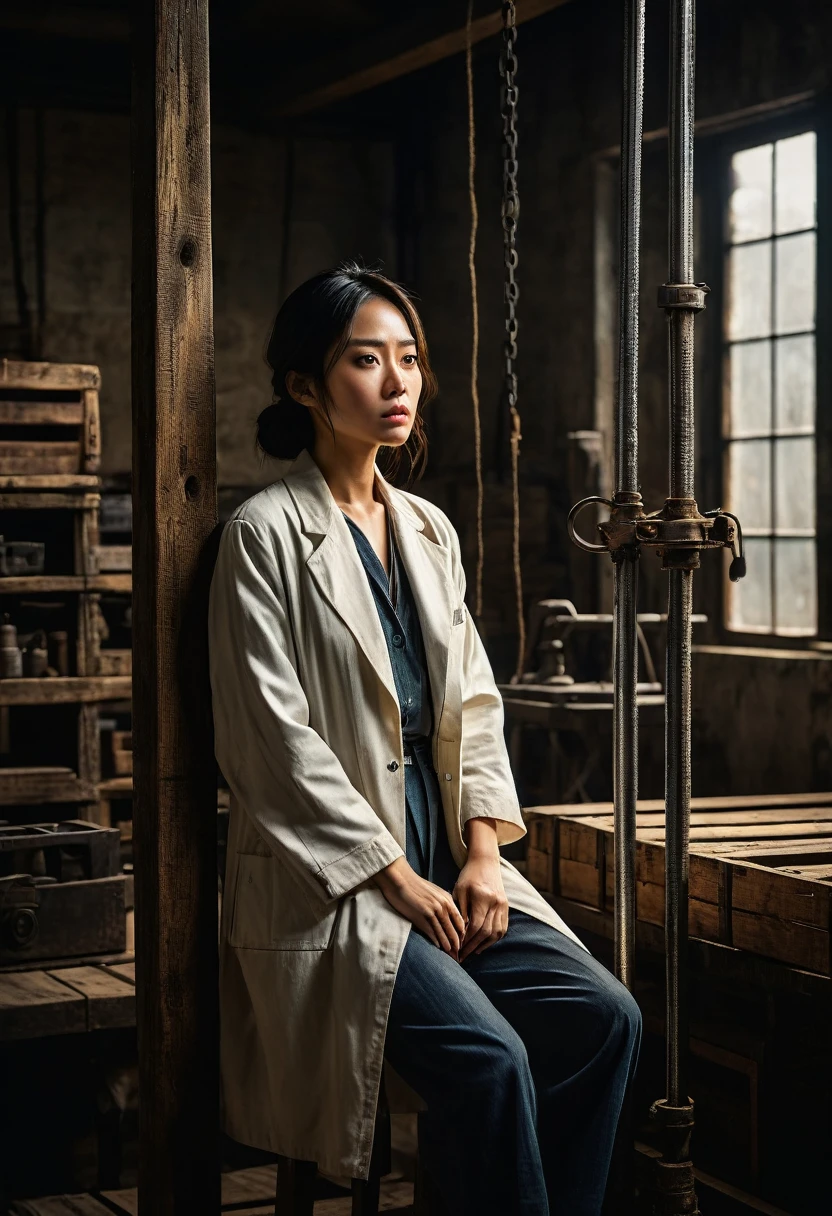 Misaki Sato, a genius botanist; a beautiful girl, unable to move, with her arms and legs tied behind her back to a central steel pole on her back side; a determined figure; a white coat; sweat beading on the forehead; a warehouse; a high ceiling with exposed beams; dusty light coming through a window; a spotlight from a hanging bulb; old machines and wooden boxes casting ominous shadows; a tense atmosphere The contrasting noir lighting. Old machinery and crates casting ominous shadows, tense atmosphere, contrasting noir lighting, gritty textures, stills from thriller film, super definition, 8K, intricate details, faded, eyes extremely detailed, high detailed eyes,16k resolution, RAW, Nikon Z9, Creative, masterpiece, fantasy, super detailed, high resolution, intricate details High Quality, 8k, Realistic, Ultra-Detailed, Dramatic Lighting, Soft Focus, Digital Illustration, Strong Gaze, Complex Mechanics, Advanced Technology, Dark Background, Cinematic, High Contrast, Moody, Strict, Atmosphere, (Best Quality, 4k, 8k, High Definition, Masterpiece: 1. 2 ), ultra-detailed, (realistic, graphic, photorealistic:1.37) --no glass --AR 16:9 --Stylize 1000