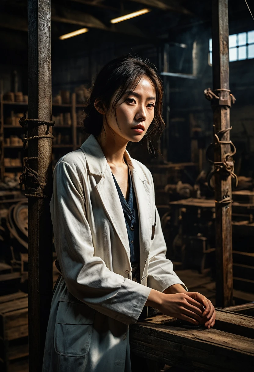 Misaki Sato, a genius botanist; a beautiful girl, unable to move, with her arms and legs tied behind her back to a central steel pole on her back side; a determined figure; a white coat; sweat beading on the forehead; a warehouse; a high ceiling with exposed beams; dusty light coming through a window; a spotlight from a hanging bulb; old machines and wooden boxes casting ominous shadows; a tense atmosphere The contrasting noir lighting. Old machinery and crates casting ominous shadows, tense atmosphere, contrasting noir lighting, gritty textures, stills from thriller film, super definition, 8K, intricate details, faded, eyes extremely detailed, high detailed eyes,16k resolution, RAW, Nikon Z9, Creative, masterpiece, fantasy, super detailed, high resolution, intricate details High Quality, 8k, Realistic, Ultra-Detailed, Dramatic Lighting, Soft Focus, Digital Illustration, Strong Gaze, Complex Mechanics, Advanced Technology, Dark Background, Cinematic, High Contrast, Moody, Strict, Atmosphere, (Best Quality, 4k, 8k, High Definition, Masterpiece: 1. 2 ), ultra-detailed, (realistic, graphic, photorealistic:1.37) --no glass --AR 16:9 --Stylize 1000