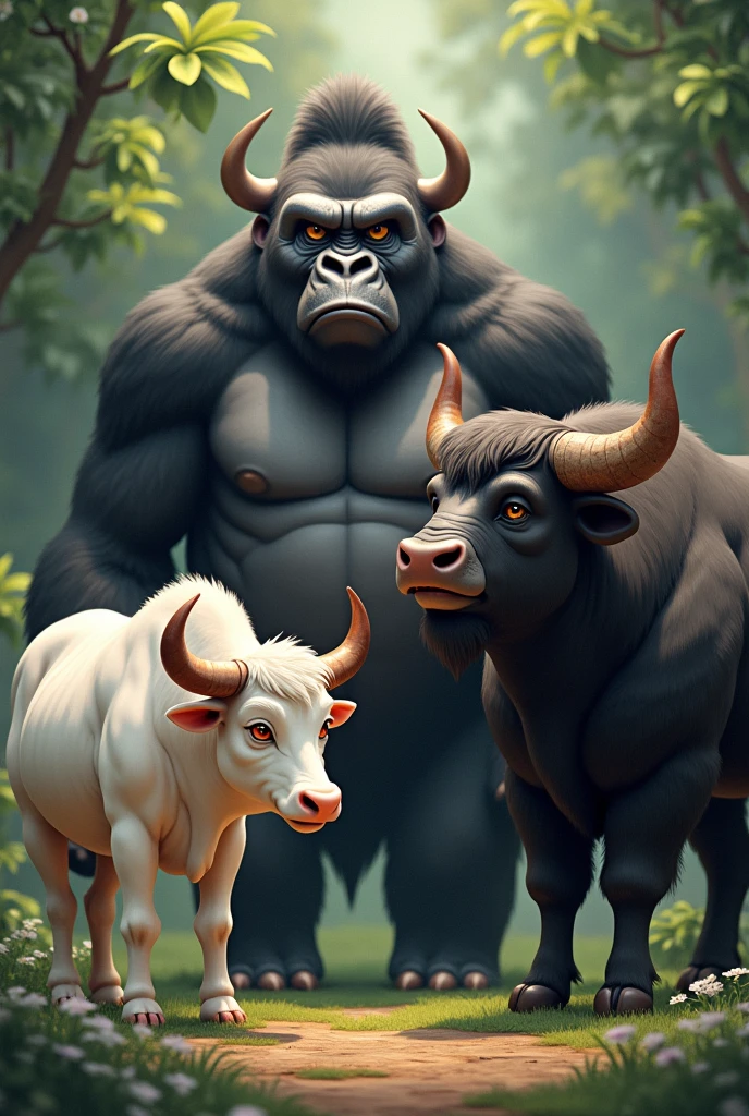  create an image with an ox, buffalo, and monkey together. 🐂🐃  🦍 
Only these three animals white ox, black 
buffalo and big Gorilla  
Chilling party together 