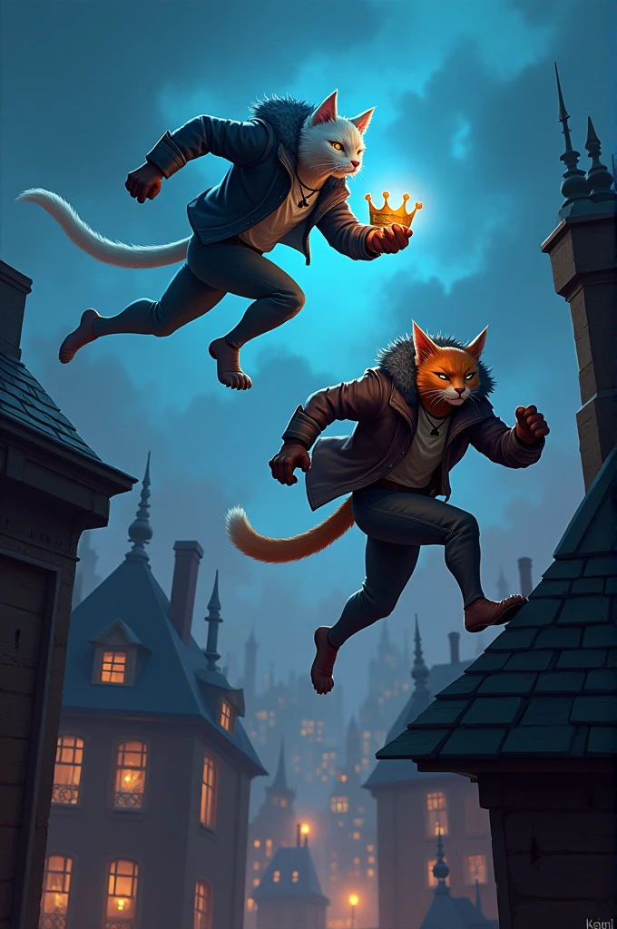 The city’s rooftops at night. Snowclaw is seen running and leaping across buildings, holding the crown. Behind him, Officer Rustfur, a muscular orange police cat with a human-like body, is in hot pursuit, determined to catch him.