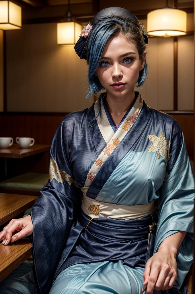 ultra realistic professional full body camera ((( sitting in coffee shop at tokyo, Wearing kimono ))) (photo 1028k qhd) by (James C. Christensen:1.2|Jeremy Lipking:1.1), (Dittmann Anna:0.3), (jiner:0.3), (mise au point nette:1.3) lndswgnr,High detail, instagram top model, navy blue hair, beautiful detailed baby blue eyes, k eyes,(eye (eye makeup: 1.2) sleeping Pose of the Instagram model, perfect button nose, attractive lip shape has an upper-to-lower lip ratio of 1:2, perfect ivory skin confiant, (((anatomycally perfect 25 old ladie hand,finger, nail))),fille en forme Fille maigre et sexy, breast:1.2, anatomie parfaite, Perfect symmetry:1.2, Realstic position, realistic and gorgeous face:1.2, perfect face, highly detailled, happy, confident, ighting cinematic, Lighting scene, soft lights, instagram standing pose (((baby blue eyes,navy blue hair, Fille maigre et sexy, breast:1.2 perfect charming face, attractive lip and nose, sitting in coffee at tokyo wearing kimono