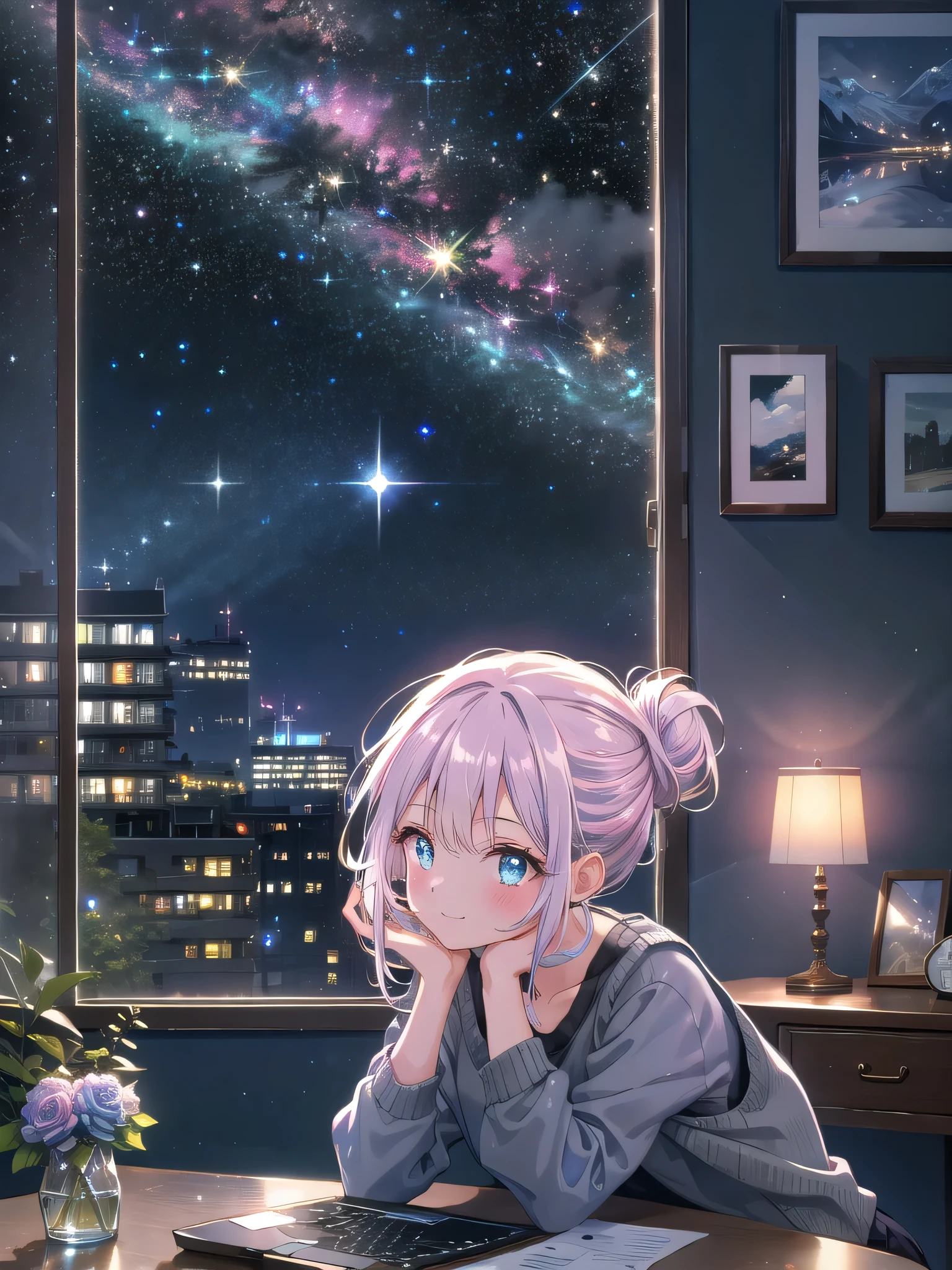 ((8k, Highest quality, masterpiece: 1.3)),Ultra-high resolution,(1 girl, alone), (Color changing eyes, Ultra-detailed, Expressive brilliance, Glitter, Glowing Eyes), Highly detailed eyes, Highly detailed face, Random Hair, ((pastel colour)) At her home office desk, the woman is working late into the evening, with her laptop and a desk lamp providing the only light. The desk is cluttered with sticky notes, a cup of tea, a calendar, and a picture of her pet. The room’s walls are painted a calming blue, and a window beside her desk shows a night sky filled with stars. She’s dressed in a casual grey cardigan over a black tank top and leggings, with her hair in a messy bun. She glances at the camera with a peaceful, content smile, reflecting a quiet moment of satisfaction after a long day of work.