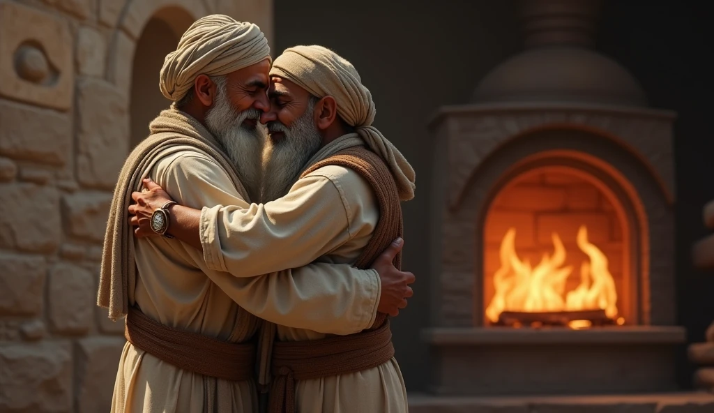 Here’s the prompt for this scene:

"A detailed scene set in ancient times, showing the old religious man wearing a turban captured it from back side of yong boystanding near the tandoor, his face filled with joy and pride. He warmly embraces the young man, holding him close to his chest in a heartfelt hug. The tandoor's warm glow illuminates their faces, highlighting the deep bond between them. The setting is rustic, with the stone walls and simple surroundings adding to the emotional and uplifting moment as the elder man expresses his happiness and approval."