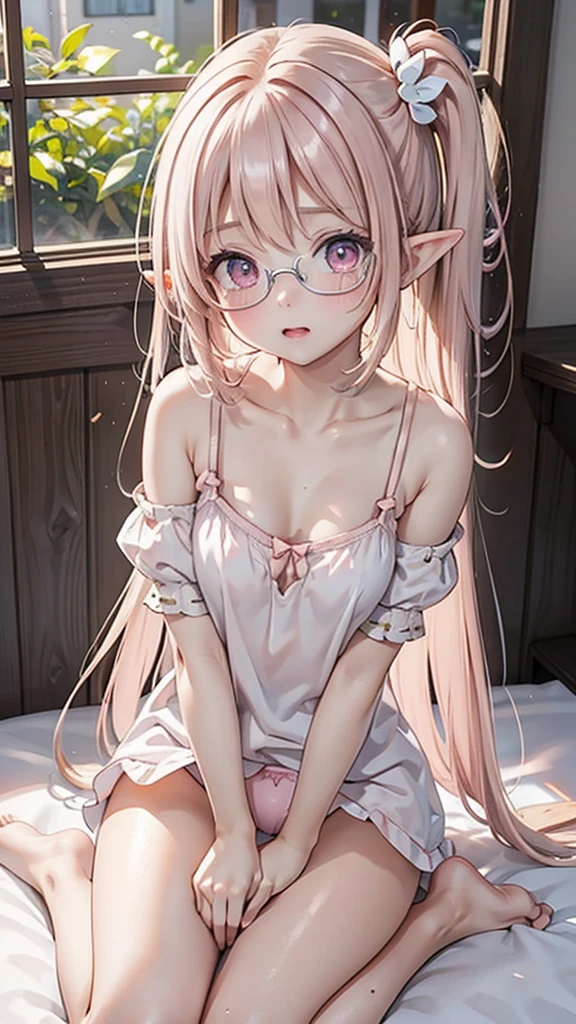 Highest quality、Ultra-high resolution、Fae, a fairy in human form、Juvenile figure、((Delicate, transparent wings on its back))、Long straight hair with a center part、Pink Hair、Big pink eyes、(Round Glasses)、White flower hair ornament、Pale pink dress、Puff sleeve design and knee-length skirt、Over the knee socks、Sit on the bed、Slim figure、Plump breasts、Elf Ears、Embarrassed look、Photorealism、Low angle shot:1.5、(M-shaped foot:1.4)、((Showing her panties:1.5))、Right hand touches chest、left hand touches panties、((Hidden camera depiction))、Sexy look、((pink silk panties))、((Panties close up:1.4))、detailed、(PurerosFace_v1:0.008)、eyeliner、cheek、Embarrassing、shine、Glossy lips:1.4、impatience、fear、Shiny、Panty Appeal、Panty Up:1.3、blush、Are crying、Crying face、Open your knees、Spread your legs、Disheveled clothes、Change of clothes、Bedroom、解剖学的にAccurate human body、Perfect Arms、Perfect hands、Perfect Fingers、Perfect Legs、Accurate human body、High quality digital art