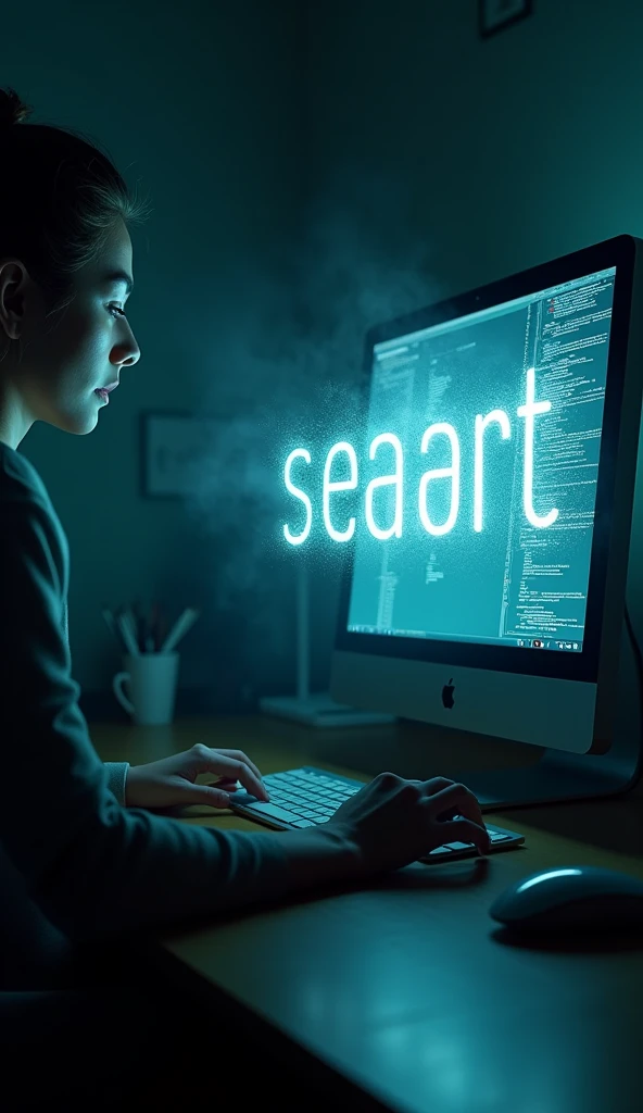 While tapping on the computer keyboard and working, the words "SeaArt" appear on the screen.