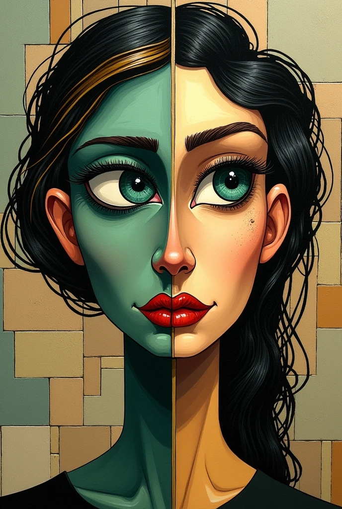 **Prompt:** "A bold, cubist portrait of a woman in the manner of Picasso, with exaggerated, fragmented facial features. Her face is split into multiple planes, with one half showing a profile view and the other a frontal view. Her eyes are asymmetrical, with one eye depicted as a large, vibrant green oval and the other as a small, dark circle. Her hair is depicted as a series of jagged, overlapping lines in black and gold. The background is filled with abstract, angular shapes in muted tones."