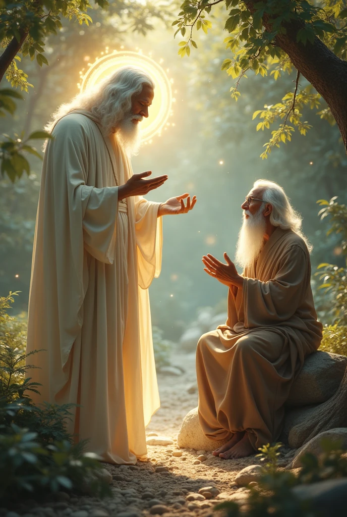 God’s Response**: God speaking to the sage with a wise and gentle demeanor, offering insight about true peace and self-understanding