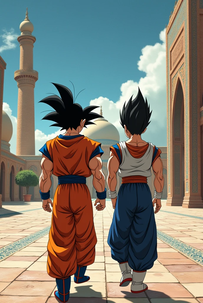 Goku in Persia walking tords a musk (away from the camera) with vegeta