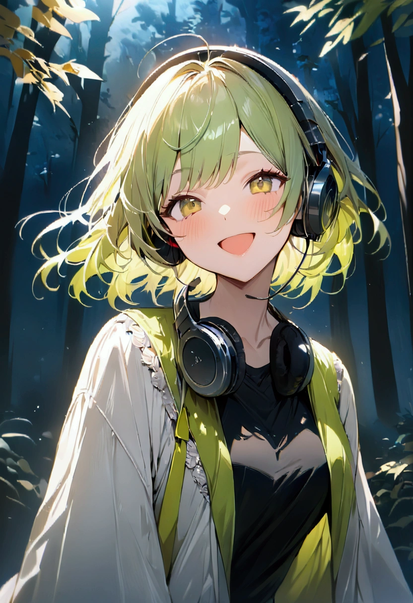 Yellow-green hair color,woman,forest,butterfly々, Cinema Lighting, (masterpiece:1.2), 最high quality, high quality, High resolution, (Super detailed), Detailed Background, One person,headphone,smile,Light background,blue sky,Have fun and laugh,