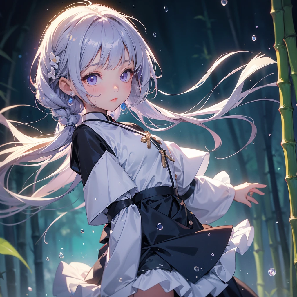 A chibi child girl had a small face and Wearing white little Taoist priest's outfit. A pair of big round eyes shone with curiosity about him. This child was so cute, Background is a dark moonless night, with dry trees in the background, and purple glowing light
The back is a lush green bamboo forest. The air after rain has water droplets splashing around.