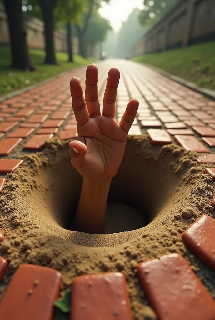One hand reach out from quick sand, sink hole on the center. Brickwalk road.
