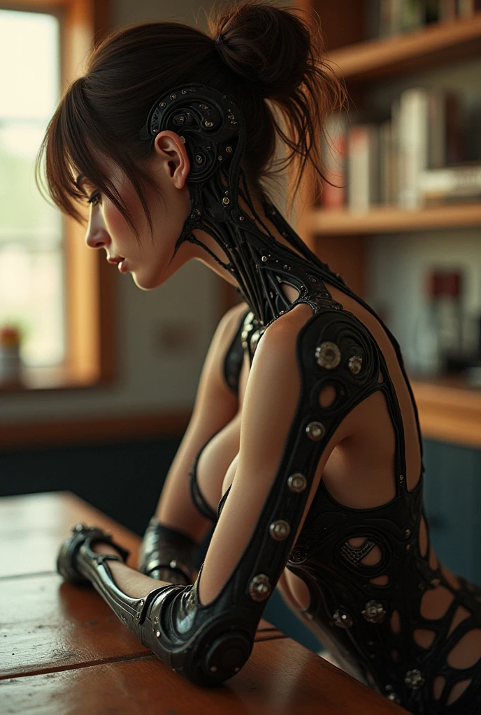 sexy cyborg woman leaning over table, Best quality, high quality, absurdity, masterpiece, Beautiful, complex parts, 1/2 body finishes, slender body, Beautiful figure, Magnificent Anatomy, (complex parts:1.12), HDR, (complex parts, hyperdetailing:1.15), (natural skin textures, hyperrealistic, soft light, spicy:1.2)