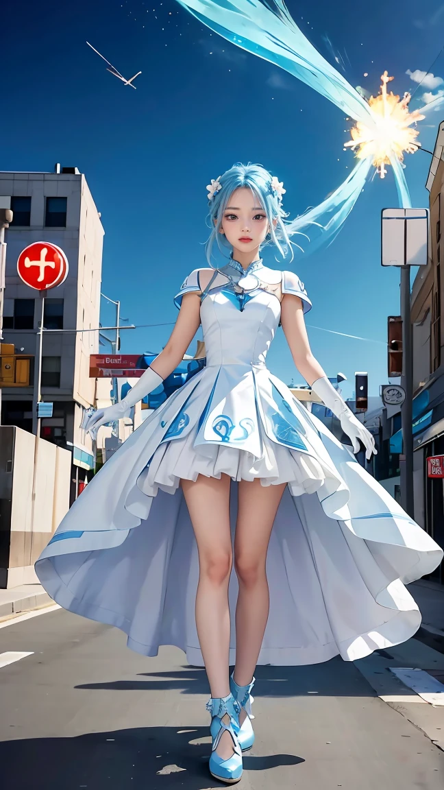 1 girl, height, Masterpiece, alone, anime, nonsense, detailed face, perfect eyes, light blue (fire symbol), upper body, full body, white dress, decorations, white gloves, city scenery, Holding, employee, sing