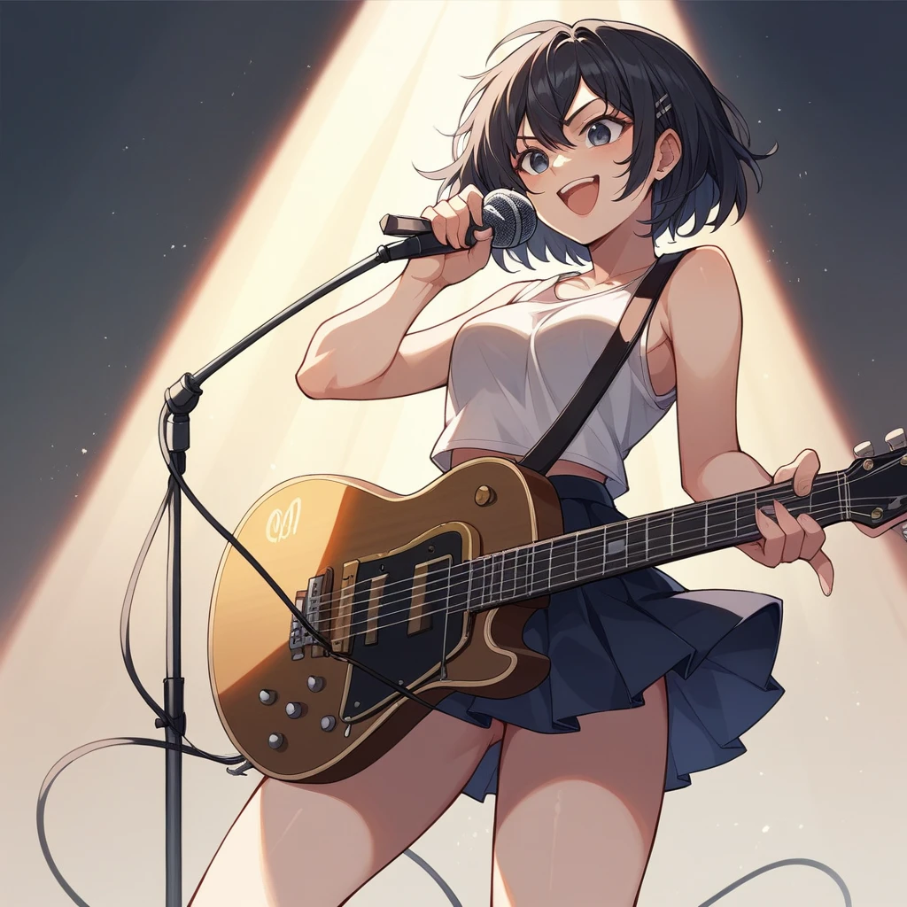 high school girl、singer、stage、Long Black Hair、skirt、Tank top、Spotlight、shout、microphone、band、guitar