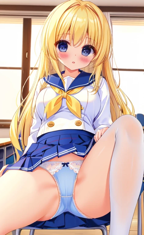 Beautiful long blonde　Embarrassing　Girl in a sailor suit　Pleated skirt　Micro Mini Skirt　Long sleeve　Skirt lifted　 sit in a classroom chair　Small breasts　Panties with lace　Open your legs