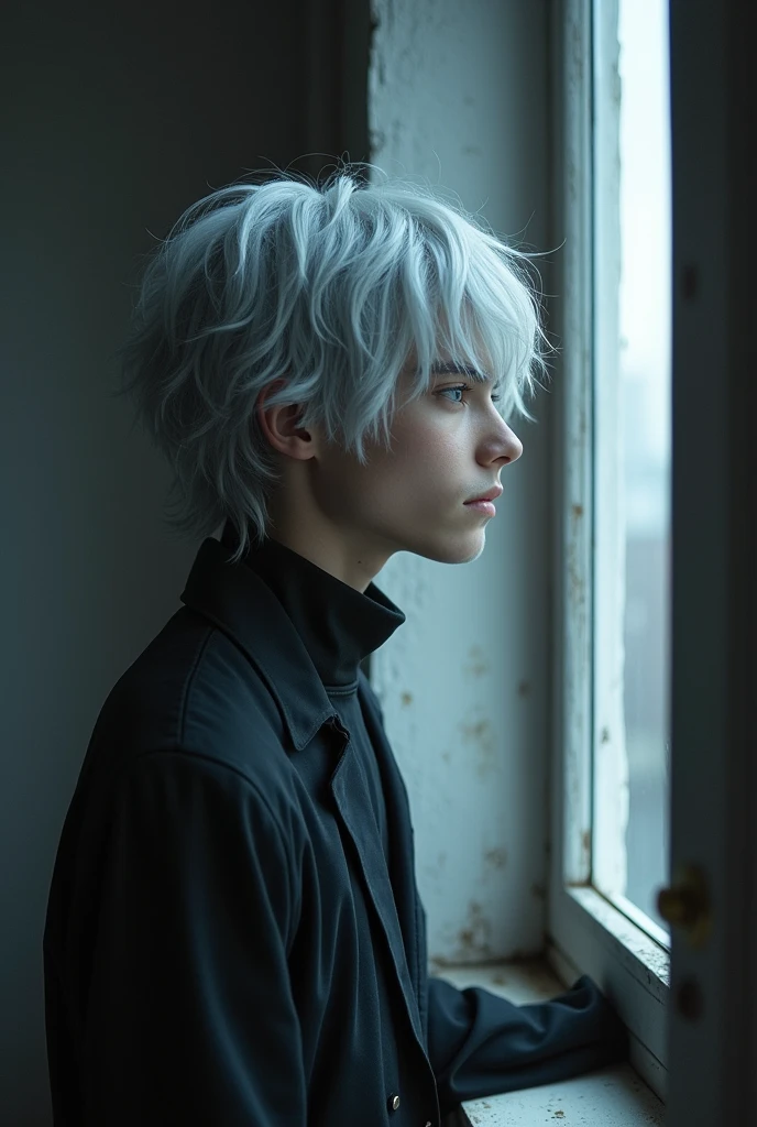 A young man inside a room looking out the window bored, with silver hair