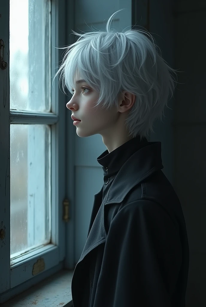 A young man inside a room looking out the window bored, with silver hair