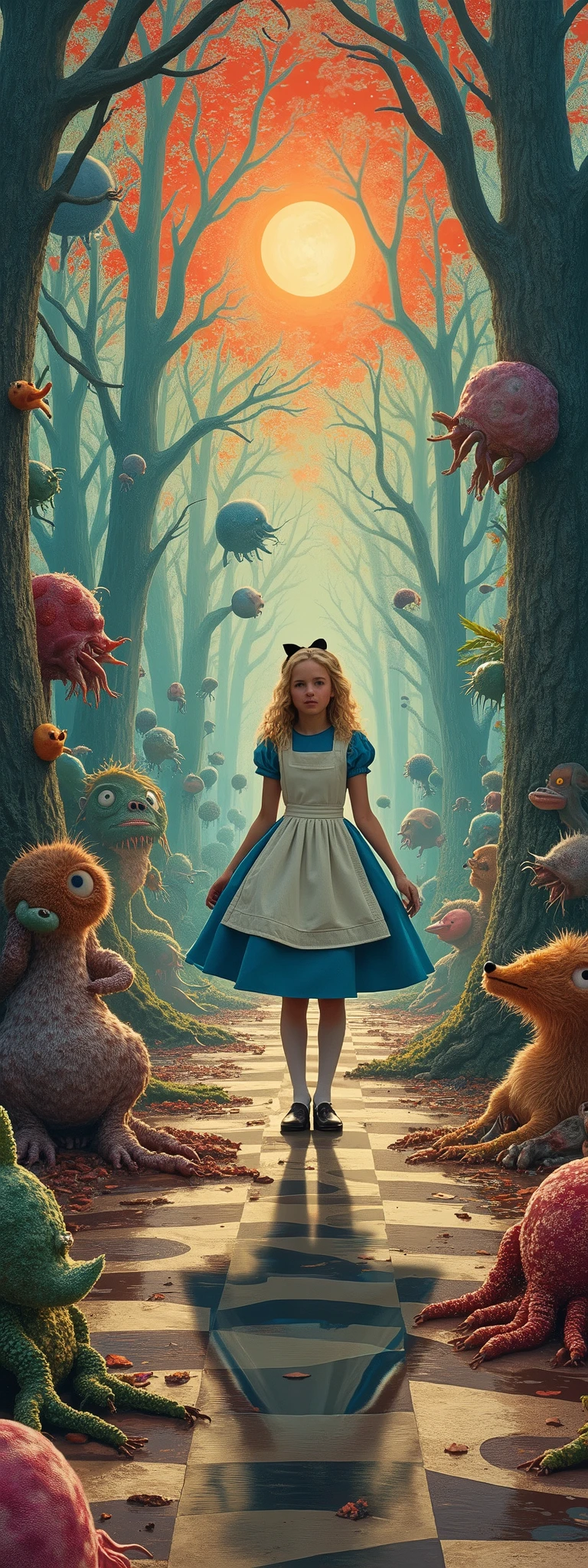 In the middle of the image is Alice\(Alice in Wonderland,, wondering\), in the world everything is wrong, A Mad Tea-Party, wrong perspective, wrong distance, very out of balance, psychedelic world, time interval is wrong, up-down relationship wrong,The direction of gravity is not correct, the relationship between light and shade is wrong, the shadow of Alice is in a different pose, work by Salvator Dali, collage of realistic photographs, planar expression, many strange creatures,Very flat world,Surrealism, Trompe l'oeil,Apply a squishy distorted filter,Rorschach test picture