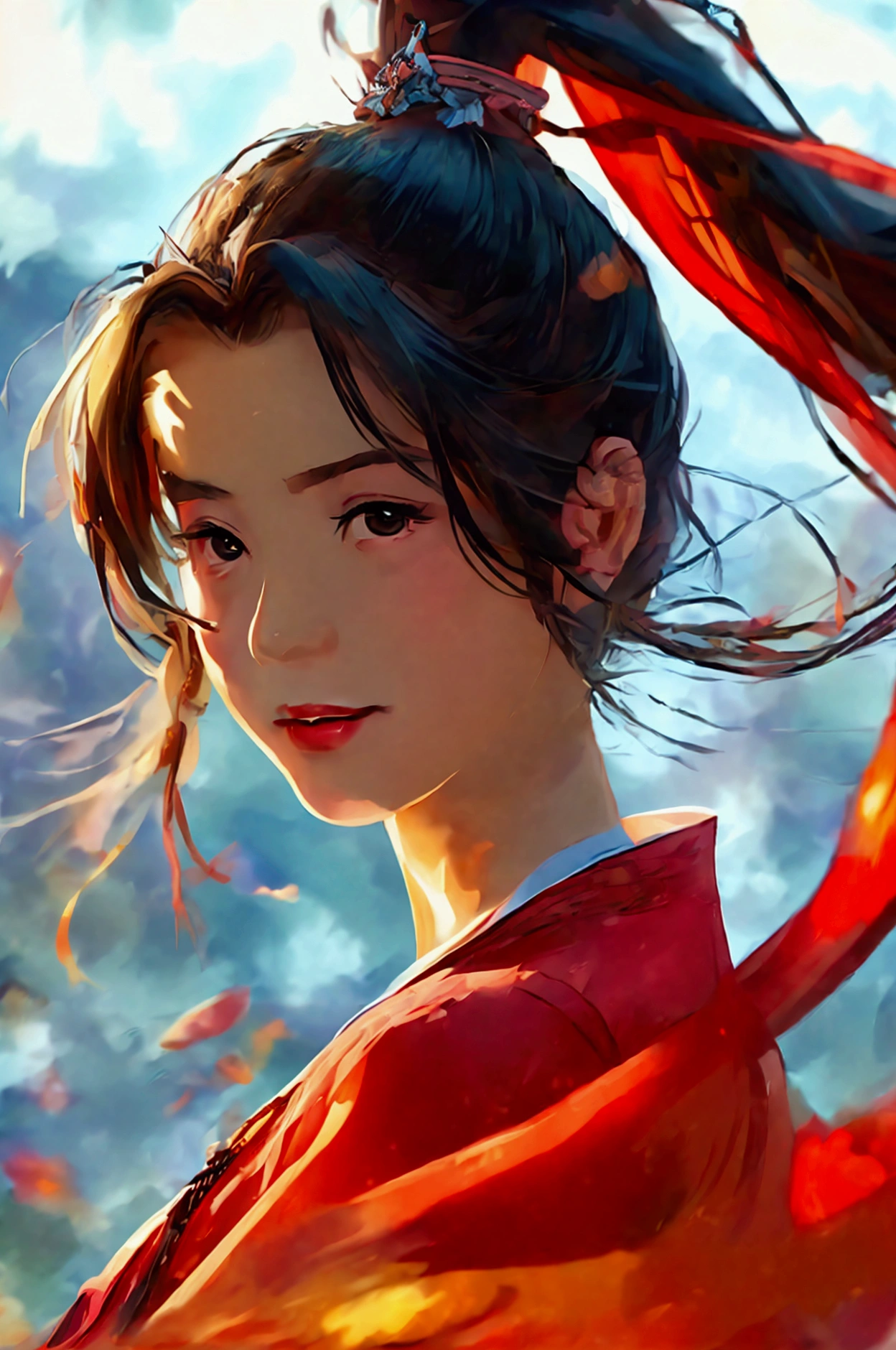 figure:A beautiful Chinese girl,around 20 yo,Beautiful face,With a confident smile。She has a high ponytail,Hair swaying gently in the breeze。
clothing:She is wearing a white shirt,Pair with simple yet elegant jeans,The overall shape is fresh and natural。
background:She was standing at a busy intersection.,There are pedestrians and vehicles around,Show the breath of city life。
traffic light:Behind her,有一个清晰可见的traffic light,red light on,Indicates traffic stagnation。
Light and atmosphere:Sunlight shines through the city's tall buildings,Sprinkle on her,Create a warm atmosphere。