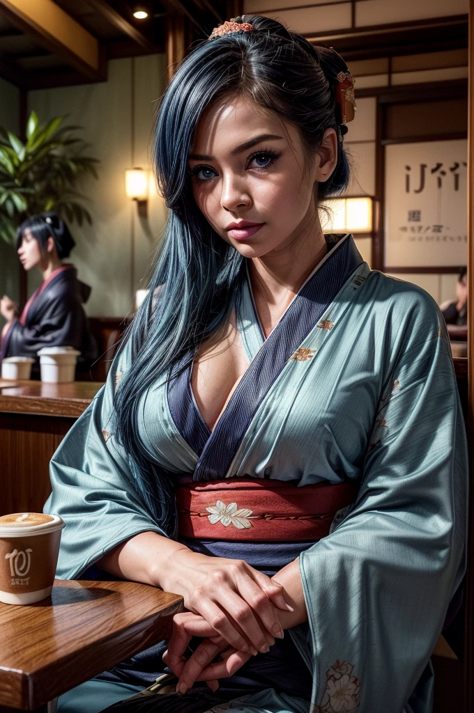 ultra realistic professional full body camera ((( sitting in coffee shop at tokyo, Wearing kimono ))) (photo 1028k qhd) by (James C. Christensen:1.2|Jeremy Lipking:1.1), (Dittmann Anna:0.3), (jiner:0.3), (mise au point nette:1.3) lndswgnr,High detail, instagram top model, navy blue hair, beautiful detailed baby blue eyes, k eyes,(eye (eye makeup: 1.2) sleeping Pose of the Instagram model, perfect button nose, attractive lip shape has an upper-to-lower lip ratio of 1:2, perfect ivory skin confiant, (((anatomycally perfect 25 old ladie hand,finger, nail))),fille en forme Fille maigre et sexy, breast:1.2, anatomie parfaite, Perfect symmetry:1.2, Realstic position, realistic and gorgeous face:1.2, perfect face, highly detailled, happy, confident, ighting cinematic, Lighting scene, soft lights, instagram standing pose (((baby blue eyes,navy blue hair, Fille maigre et sexy, breast:1.2 perfect charming face, attractive lip and nose, sitting in coffee at tokyo wearing kimono
