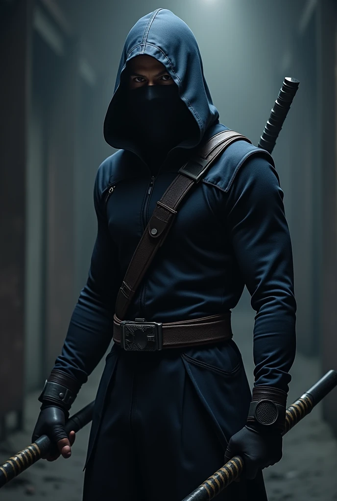 Black suit ninja with dark blue hodie wearing black full mask holding double escrima stick with chest weapon holder