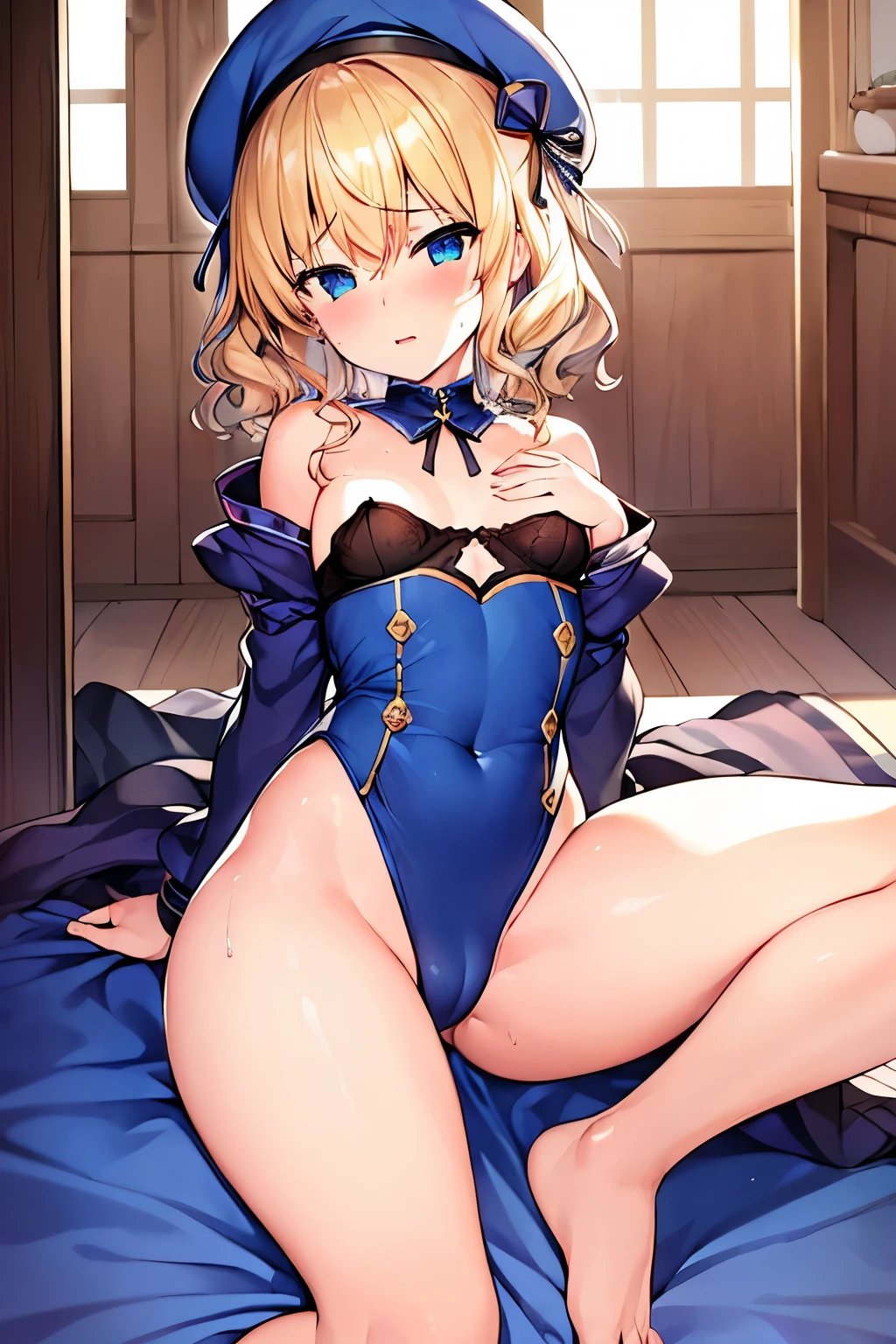 (4K、High resolution image quality、Detailed light、Detailed Shadows、Detailed Design)、1 girl、Blonde、Short hair that is not too long、Fluffy curly hair、Blue and black clothes、beret、(Aggressive design)、((Modest chest、Small breasts))、leotard、barefoot、Shameless、Redness、Lust、Estrus、((sexual excitement、Sex、To be made to cum))、Sweat、A pleasant expression