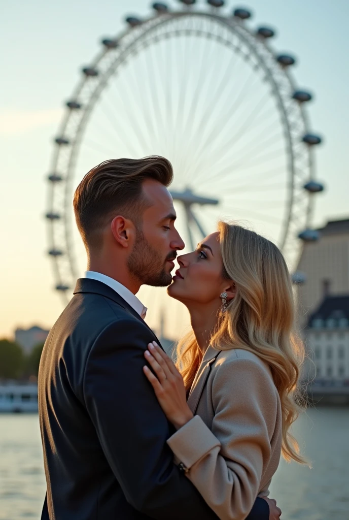 A couple hugging in front of the London Eye, taking a profile selfie man brown hair and eyes, with old money style haircut, blonde woman with green eyes 8k ultra realistic photorealistic