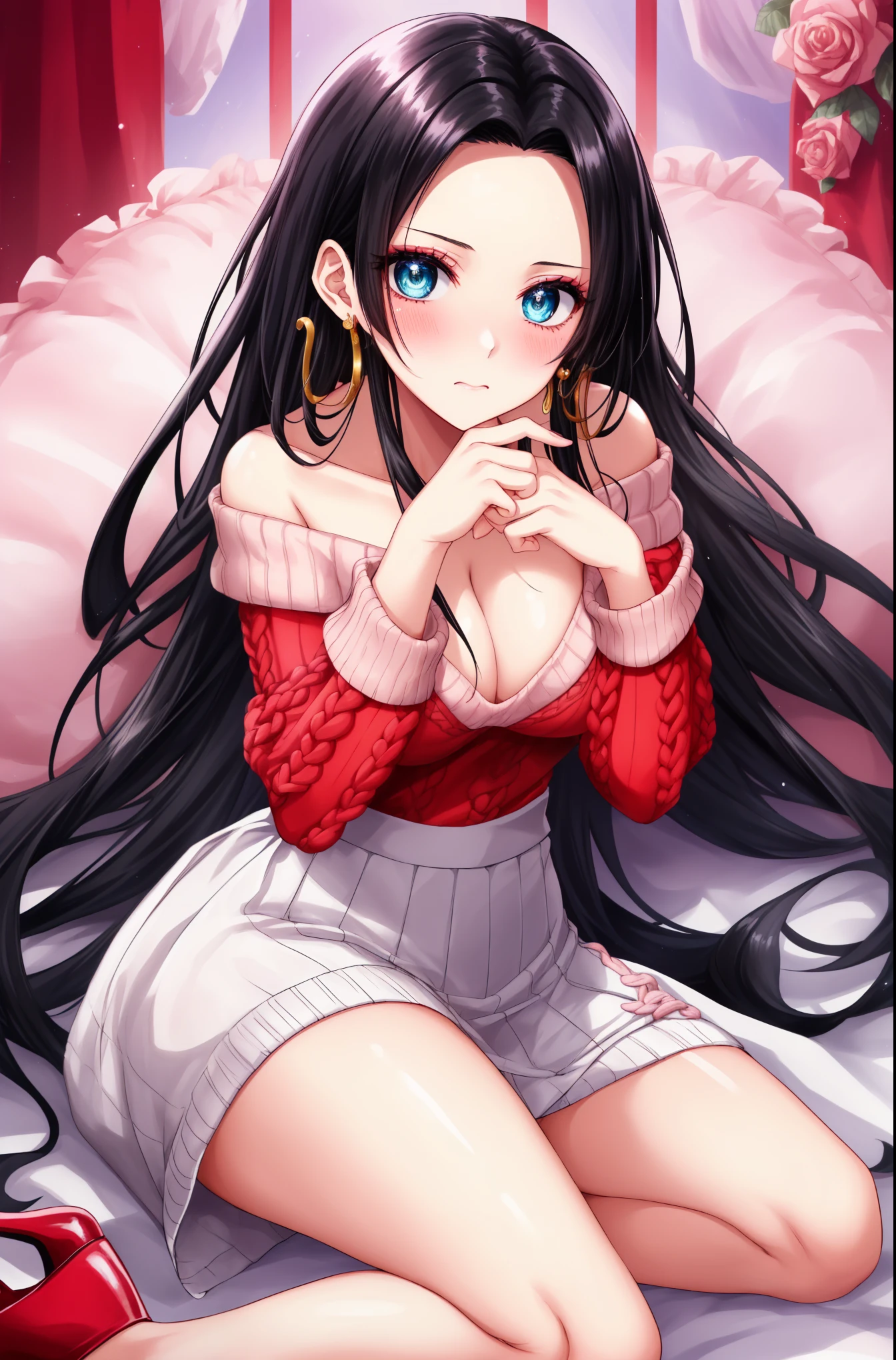Masterpiece, Best Quality, 8k, Ultra-high resolution, Highest quality, Anime Style, Best Lighting, Beautiful face, The best finger, The best hand, Optimal Eye, Beautiful Makeup, (Captivating eyes:1.3)、core_9、score_8_up、score_7_up、score_6_up、score_5_up、score_4_up、source_アニメ、One girl, Embarrassed expression b0ahanc、blush、Blushing、Embarrassing、(Hand on chin:1.3)、1 girl、Black Hair、Forehead、amount、Earrings、Long Hair、gem、(White off-shoulder knit:1.3)、White knit、(flare skirt:1.3)、Big Breasts、Cleavage、Red High Heels、In town